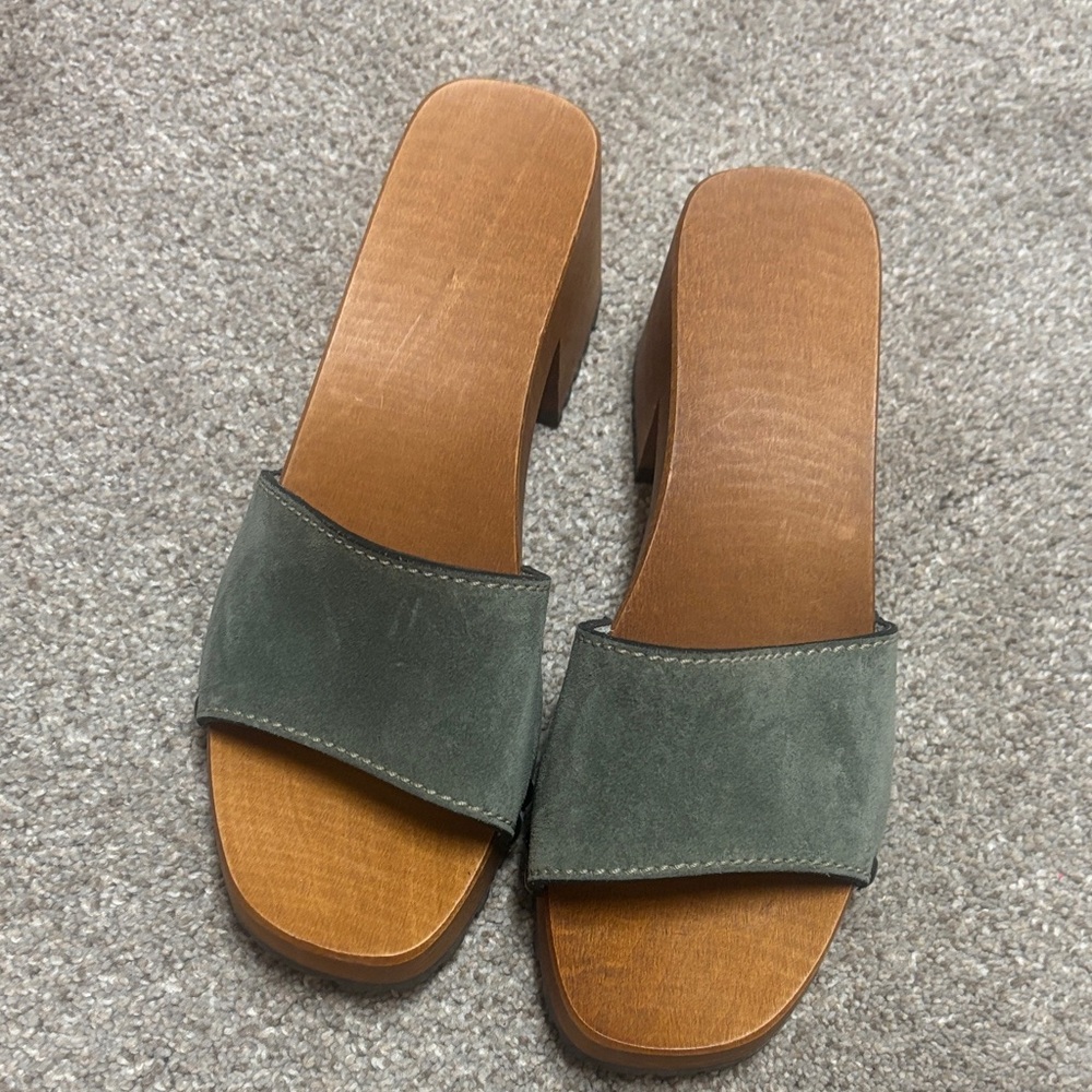 Italian Shoemakers Olive Green Suede Slide Mules with Wood-Look Block Heel